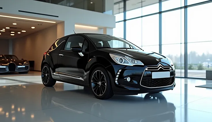 High resolution picture of Black Citroen DS3 right-front view in pristine showroom, clean and shiny floor, ceiling glass windows on right side, shiny showroom.Flux style,Best Quality, 