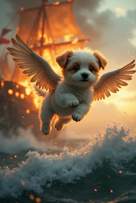 Can you make me a realistic image of a small dog with wings flying above the sea on a pirate ship in flames of fire