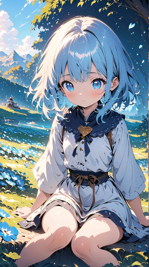 (masterpiece:1.2), (  top quality :1.2),  super high resolution,  very detailed,  perfect lighting, Girl sitting in a field of nemophila,  fantasy,  is cute ,  Digital Animation Art,  anime style illustrations ,   animated illustration