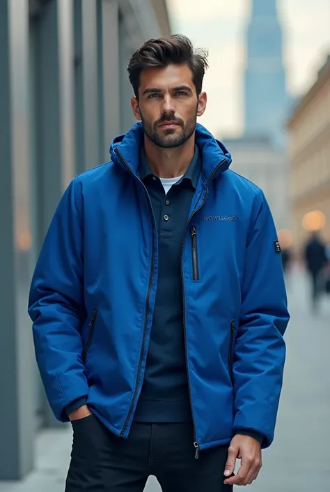 An advertisement of the blue jacket "Howlogo" as its brend