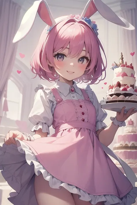 Top quality, high resolution, detailed, beautiful image quality, one girl, mature atmosphere, 24 years old, cute pale pink dress with frills, rabbit ears, short hair, lolicon feeling, smiling face, cute design based on pink, sweet and dreamy atmosphere ove...