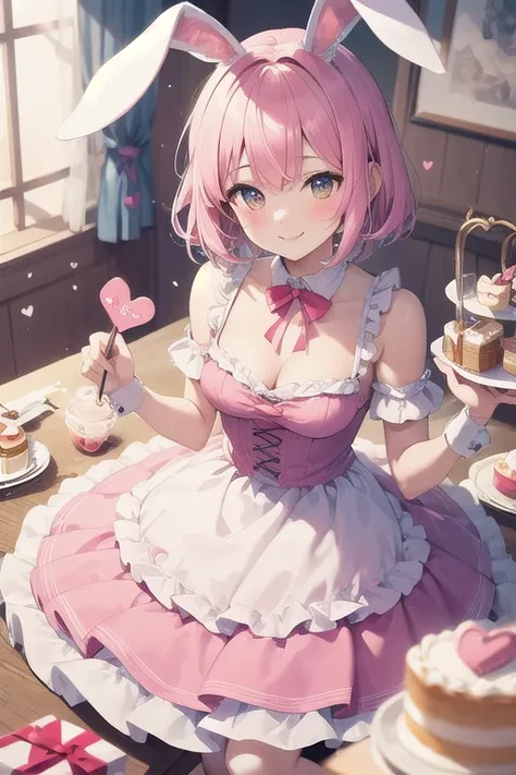 Top quality, high resolution, detailed, beautiful image quality, one girl, mature atmosphere, 24 years old, cute pale pink dress with frills, rabbit ears, short hair, lolicon feeling, smiling face, cute design based on pink, sweet and dreamy atmosphere ove...