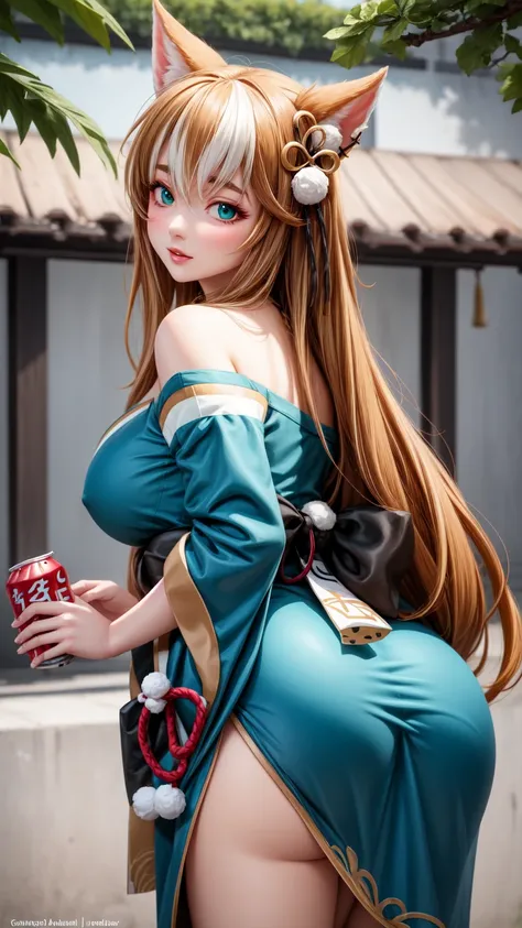  body masterpiece,  best quality skirt,  high quality,  upper body , al aire libre,   looking at the spectator, 1 girl, Bicolor fur,  bicolor hair ,  Japanese clothing , Green Kimono, cola,  bare shoulders,cola, with cola, wide hips ,beautiful,beautifuls p...