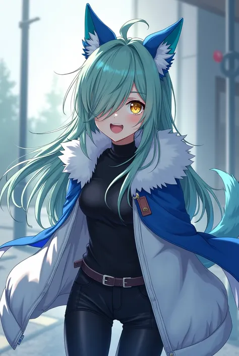 ( top quality,  best quality,  official art  , beautiful and aesthetic :1.2) female anime, wolf girl, rebellious girl,  long light green hair with bangs covering the right side of the face,  golden eyes,  blue wolf ears , voluminous blue tail ,  voluminous...