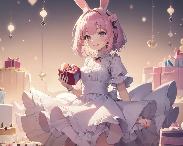 Top quality, high resolution, detailed, beautiful image quality, one girl, mature atmosphere, 24 years old, cute pale pink dress with frills, rabbit ears, short hair, lolicon feeling, smiling face, cute design based on pink, sweet and dreamy atmosphere ove...