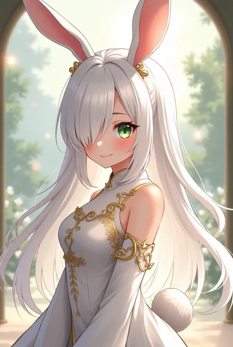 ( top quality,  best quality,  official art  , beautiful and aesthetic :1.2) female anime, rabbit woman, cute girl,  long white hair ,  hair over the right eye,  Green Eyes Pants,  bunny ears , white pompous tail , Chinese white and gold clothes,  smiling.