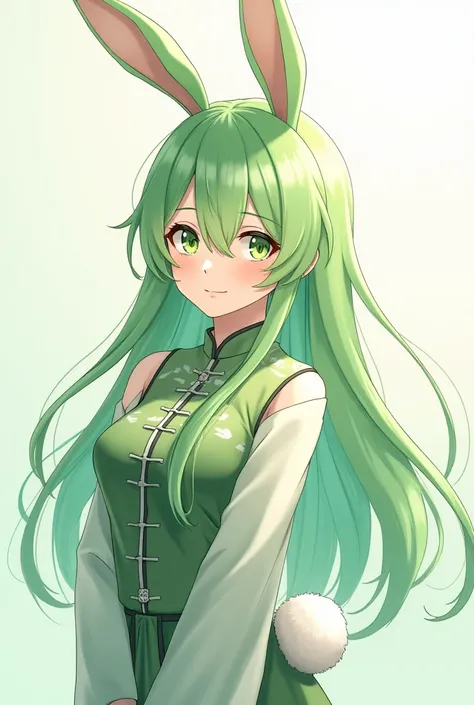 ( top quality,  best quality,  official art  , beautiful and aesthetic :1.2) female anime, rabbit woman, cute girl, long green hair,  hair over the right eye,  Green Eyes Pants,  bunny ears , white pompous tail , Chinese green and white clothes,  smiling.