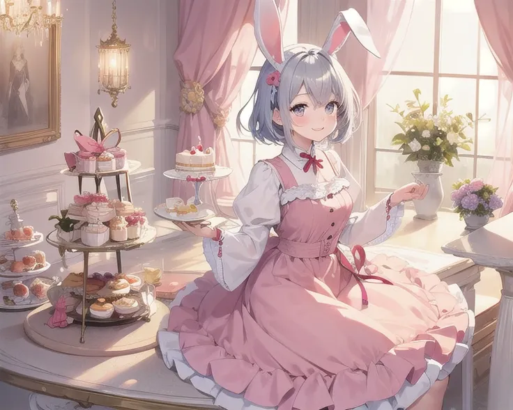 Top quality, high resolution, detailed, beautiful image quality, one girl, mature atmosphere, 24 years old, cute pale pink dress with frills, rabbit ears, short hair, lolicon feeling, smiling face, cute design based on pink, sweet and dreamy atmosphere ove...