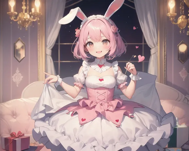 Top quality, high resolution, detailed, beautiful image quality, one girl, mature atmosphere, 24 years old, cute pale pink dress with frills, rabbit ears, short hair, lolicon feeling, smiling face, cute design based on pink, sweet and dreamy atmosphere ove...