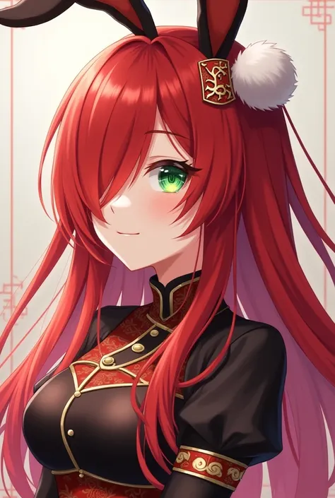 ( top quality,  best quality,  official art  , beautiful and aesthetic :1.2) female anime, rabbit woman, cute girl, long red hair,  hair over the right eye,  Green Eyes Pants,  bunny ears , white pompous tail , Chinese red and black clothes,  smiling.