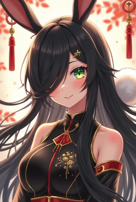 ( top quality,  best quality,  official art  , beautiful and aesthetic :1.2) female anime, rabbit woman, cute girl,  long black hair,  hair over the right eye,  Green Eyes Pants,  bunny ears , white pompous tail , Chinese black and gold clothes,  smiling.
