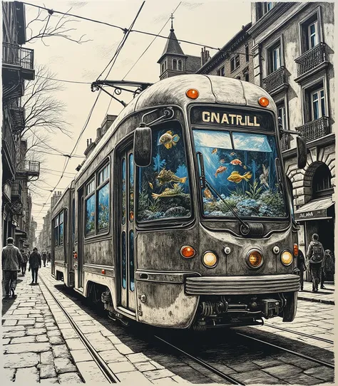  against the background of a city drawn in black pencil, futuristic transparent 3D projection of a streetcar ,  resembling a giant aquarium , parked on a city street ,  The tram is filled with colored tropical fish , 
by MS art