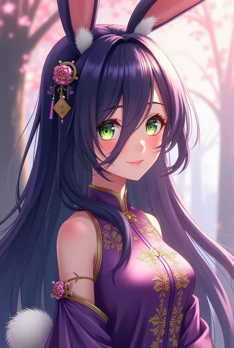 ( top quality,  best quality,  official art  , beautiful and aesthetic :1.2) female anime, rabbit woman, cute girl, long dark purple hair ,  hair over the right eye,  Green Eyes Pants,  bunny ears , white pompous tail ,  purple and gold Chinese clothes,  s...