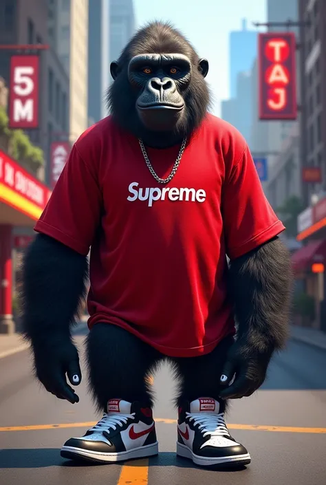 A cheerful gorilla wearing Jordans and a supreme t-shirt  