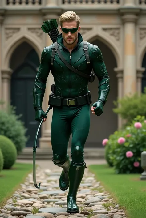 Green Arrow. Sexy man,  White , American, high, Muscular, with dark blond hair, Sensual,    with features similar to Jensen Ackles ,  full body in a realistic style   ,    with attention to facial and body details ,  wearing a tight dark green uniform ,  a...