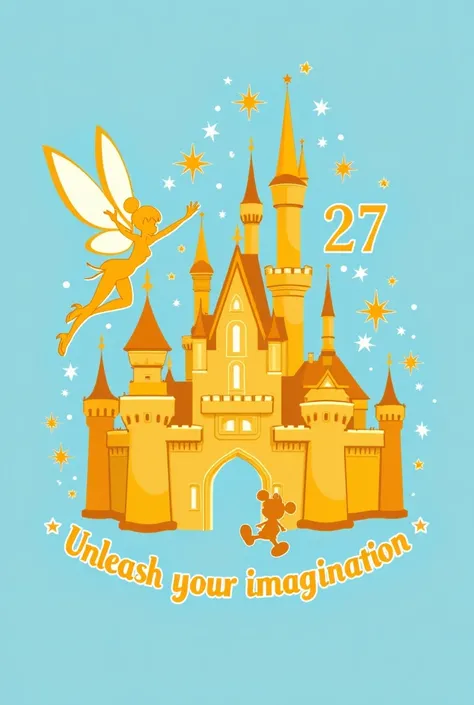 Create a logo with the Disney castle , tinkerbell forming a curve and stars , with a mickey shape at the entrance and the numbers 27 in the iconic Disney Font and the slogan “unleash your imagination”. It’s for a t shirt. The background should be light blu...