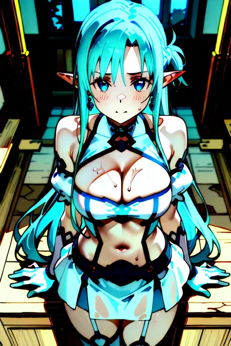 She's taking a naughty pose、 Sword Art Online  、Alone、(((I'm feeling intense sexual pleasure、 naughty expression 、Naughty eyes)))、 Yukiko Aikina、((Long hair with a bright blue color))、Bright blue eyes、(  big eyes:1.1)、  beautiful eyes、  textured skin、 slen...