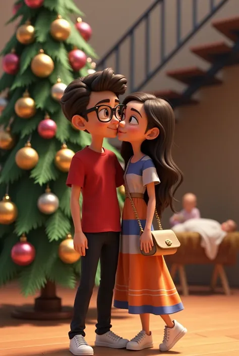 Beautiful animated Pixar-like image where The image shows a couple posing in front of a Christmas tree decorated with ornaments in shades of gold, silver and pink . The woman,  who wears a colorful dress with orange tones , blue and white,  is kissing the ...