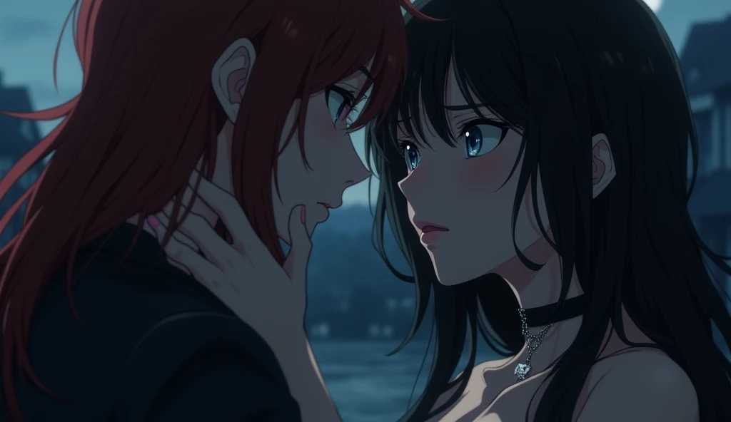 A close-up, anime style intimate scene under the soft glow of moonlight. The pale-skinned woman with long black hair is the focus, her face framed by her flowing hair. She wears a delicate, gothic choker adorned with a small cat figure that glimmers faintl...