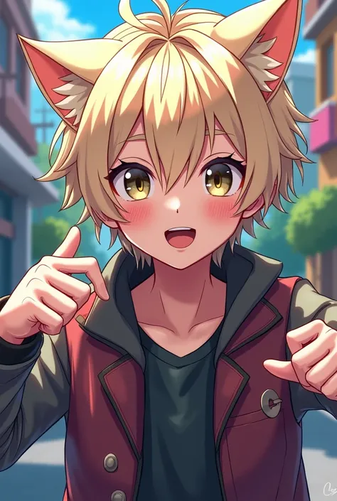 Anime boy with platinum blonde hair, cheeky smile and cat-like eyes 