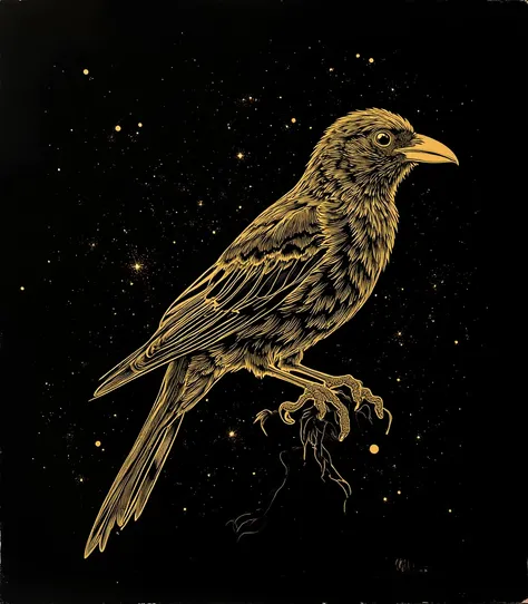 Silhouette,  neon sparrow outlines  ,  outline in golden neon , on a black background,  light features , 
Minimalism,
gently,fractal, multi-layered, golden ratio,  three-dimensionality of space , 
glitter ,sparks,glow