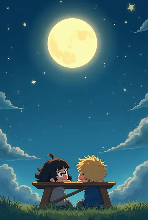 A Ghibli-style illustration of a curly-haired girl wearing glasses and a blonde boy lying together under a picnic table. They are small in the composition, positioned at the bottom of the image. The scene is dominated by the sky, which covers almost the en...