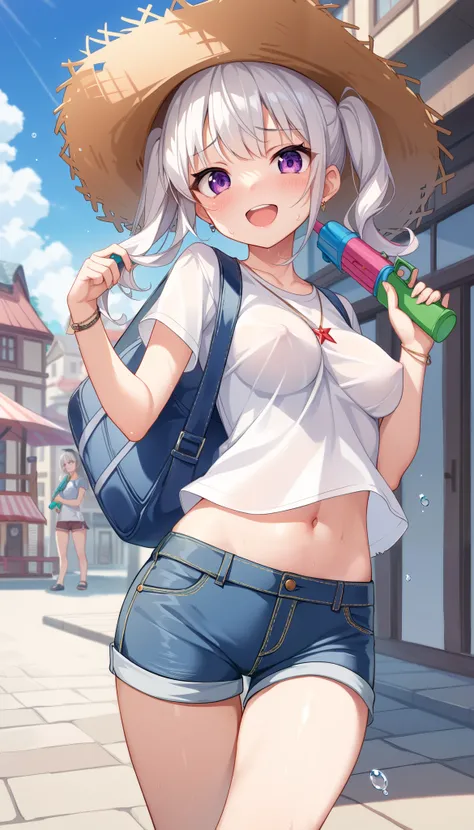 (Highest quality), (masterpiece), One Girl、White Hair、Purple Eyes, medium breasts、straw hat、whit T-shirts, holding a water gun in one hand、In town、smiling、Feeling embarrassed、Daytime、blue sky、water droplets, playing, loli, open mouth, short pants, erect ni...