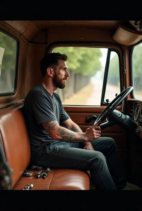  Messi inside the van thinking :

" A realistic image of Lionel Messi sitting inside a rustic pickup truck,  looking out the window with an introspective expression .  He is wearing casual clothes and there are details of the vehicle's interior , Like the ...