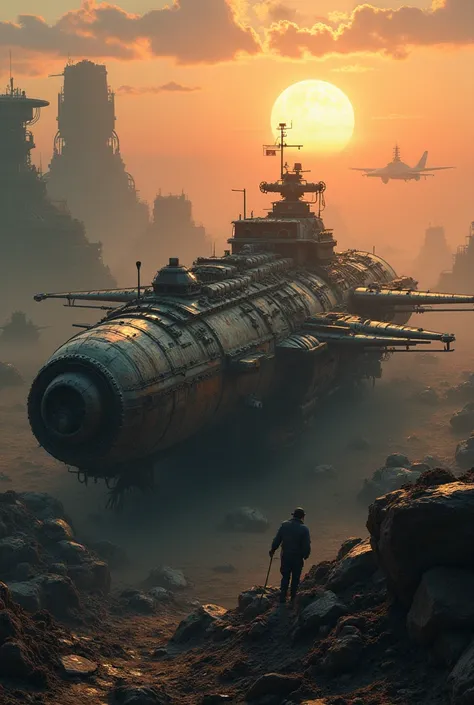 Post-apocalyptic wars, dark atmosphere, darkly, Dilapidated spaceship, Mechanical patches, Japanese styly, junkyard, sunset, spaceship graveyard