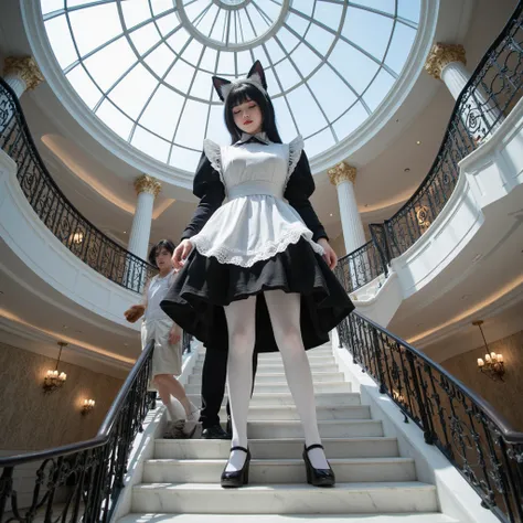 A highly detailed scene featuring a giant female character with cat ears and a tail, wearing a black and white maid outfit with lace details. She is bending forward slightly, her hands resting on a curved staircase railing. Her expression is gentle and sli...