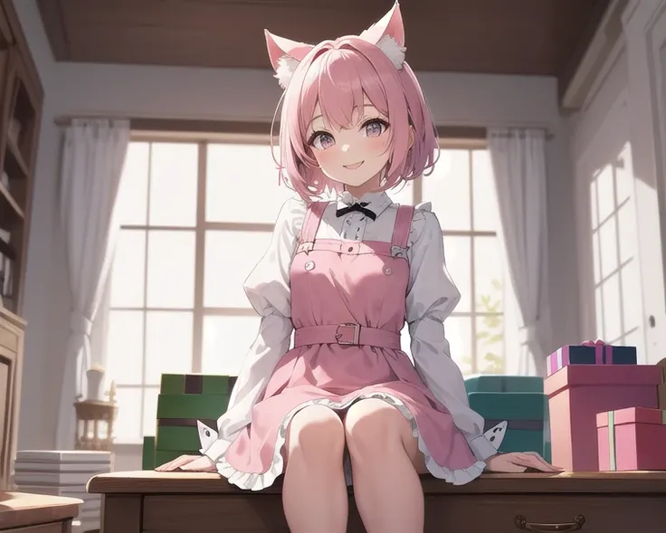 Top quality, high resolution, detailed, beautiful image quality, one girl, mature atmosphere, 24 years old, cute pale pink dress with frills, cat ears, short hair, lolicon feeling, smiling face, cute design based on pink, sitting at a table, overall sweet ...