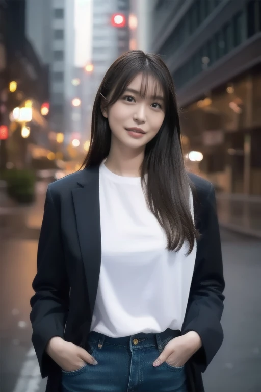  Beautiful female model portrait、  ., Georgia Fowler,    facial beauty, 長いバーガンディの髪, Cyberpunk city at dusk.    white t-shirt 、 she is wearing a blue long coat。.,   jeans negros  ,   dramatic lighting, (Police Badge:1.2)