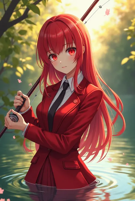 Long red hair,red eye,cute,wear red suit,anime,fishing
