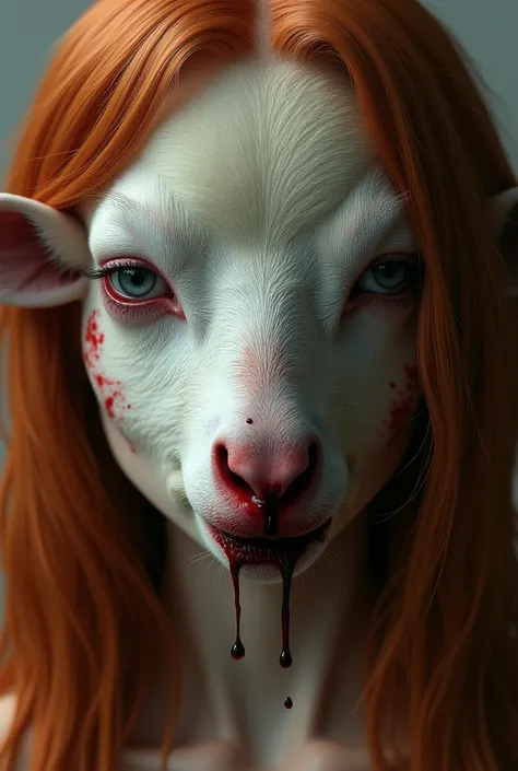 Create realistic half-face image of a woman with long copper-orange hair and swollen bruised eye and half the snout of a bleeding lamb