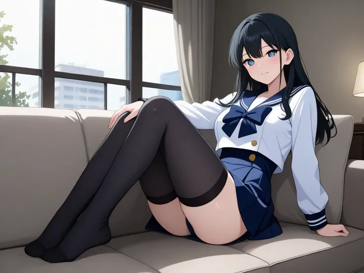 wave hair,master piece,best quality,ultra detailed, highres,full body,Japanese woman with long black hair  , Big Breasts,Cute anime Waifu is an anime girl wearing a navy blue sailor suit,stockings,Western-style room,lie on sofa