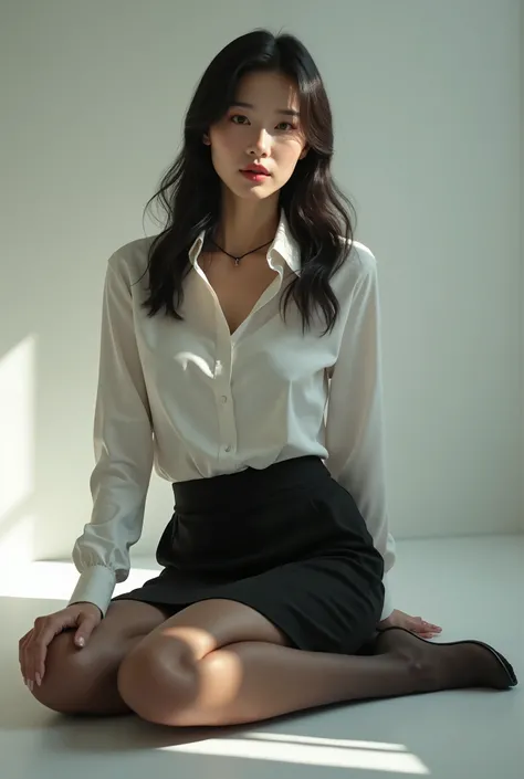 masterpiece, 8k, Photorealistic, beautiful Japanese mature woman, (40 years old:1.7), beautiful office worker, detailed face, light makeup, business suits, pencil skirt, pantyhose, sitting on the floor, spreading legs, minimalistic studio, bokeh, from belo...