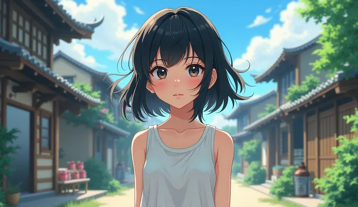 A girl, black hair, black eyes, white vest , standing, background is a village, in front, 2D anime style