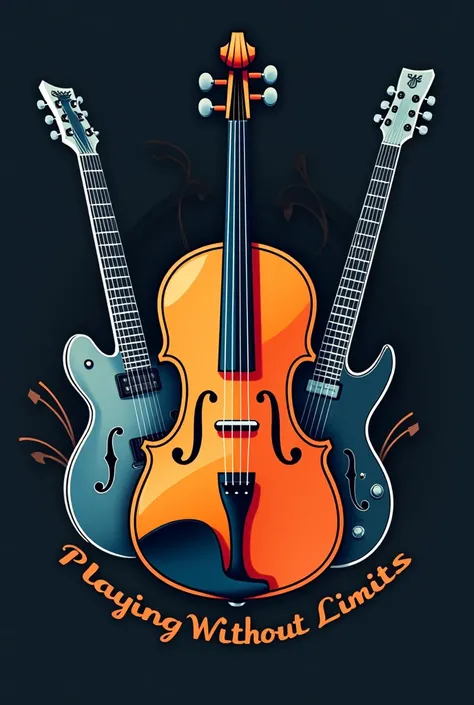  Create a musical group logo with a name " Playing without limits " and that includes ,  a violin in the middle ,  two guitars on the side and a drum set in the background 