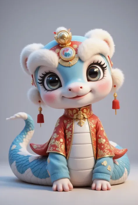 The image features a character that appears to be a combination of a snake and a humanoid figure. The character has a snake-like body with blue scales and a white underbelly, but its upper body is humanoid. It is dressed in a traditional Chinese costume wi...