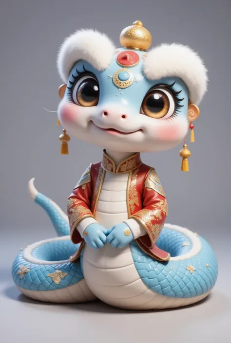 The image features a character that appears to be a combination of a snake and a humanoid figure. The character has a snake-like body with blue scales and a white underbelly, but its upper body is humanoid. It is dressed in a traditional Chinese costume wi...