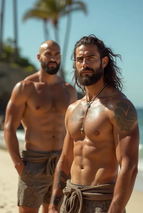 Image muscular gypsy two man sunbathing on a beach by the sea. One Bald a one long hair, Clean-shaven, prominent cheekbones. Without shirt, handsome, palm trees in the background
Masterpiece, High Quality, Best Quality, ultra quality, highly detailed , ult...