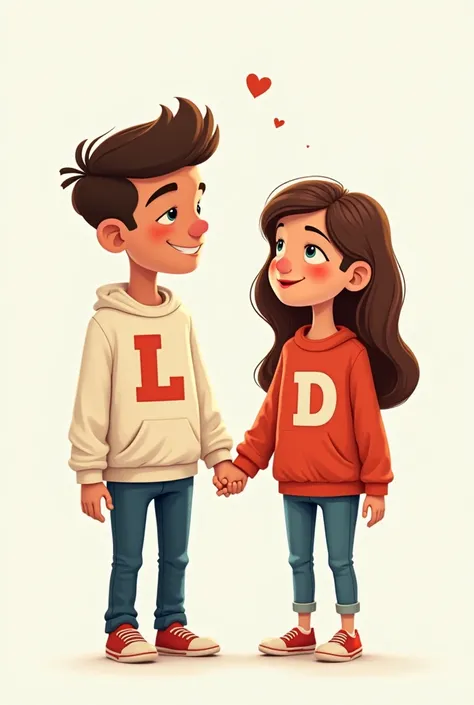 A couple of cartoons: the man in the sweatshirt with the letter L and the woman in the sweatshirt with the letter D holding hands