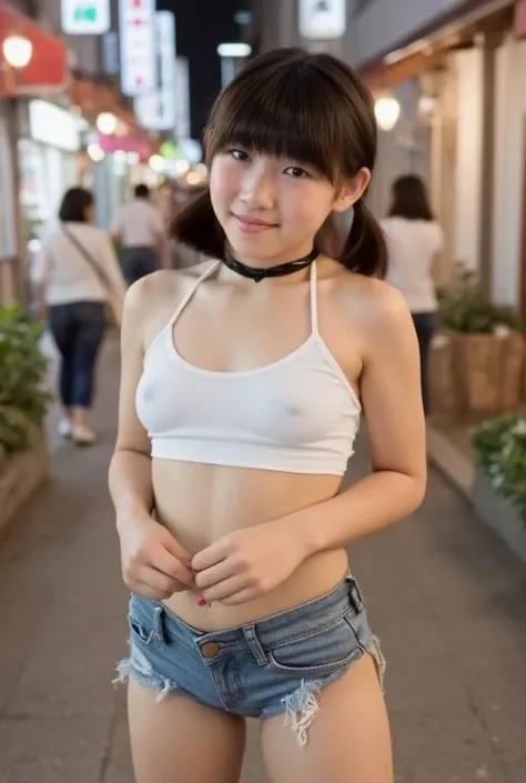 The image shows a smiling young girl on busy Tokyo sidewalks at night. She is a slender Japanese girl with beautiful black hair. Full body shot, sexy pose, black choker, emphasize her huge breasts, firm breasts, erect nipples, pokies. Wearing m1cr0sh0rts j...