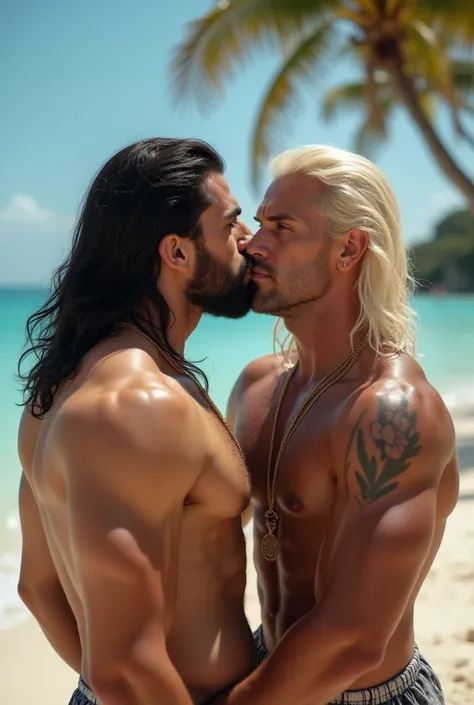 Image muscular gypsy two man sunbathing on a beach by the sea. One black hair a one blonde long hair, Clean-shaven, prominent cheekbones. Without shirt, handsome, palm trees in the background
Masterpiece, High Quality, Best Quality, ultra quality, highly d...