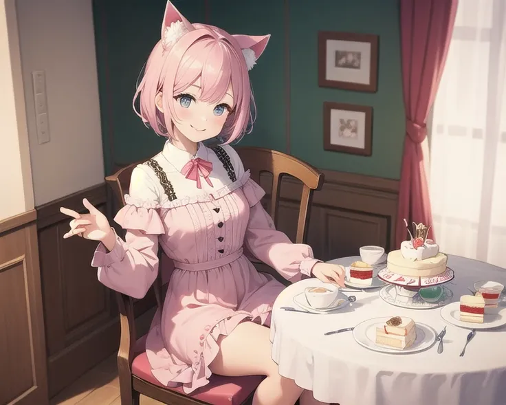 Top quality, high resolution, detailed, beautiful image quality, one girl, mature atmosphere, 24 years old, frilly pink dress, cute dress, cat ears, short hair, lolicon feel, smiling face, cute design based on pink, stylish table and chair, sitting on chai...