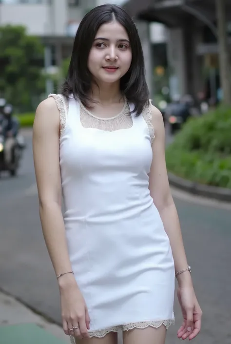 Beautiful female photography model, Indonesian artist Bulan Sutena, She poses very seductively, looking forward at the camera, the girl poses while standing, daylight, (( sexy white tank top dress, in the street, camel toe, arrousing, temptating, seducing)...