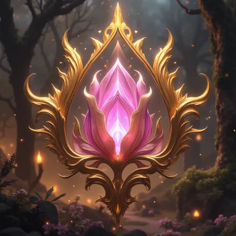 Imagine the four major elements、The elemental mark of the flower is a large light pink gem-like mark on a gold frame,Beautiful decorative shape,The shape of a tulip