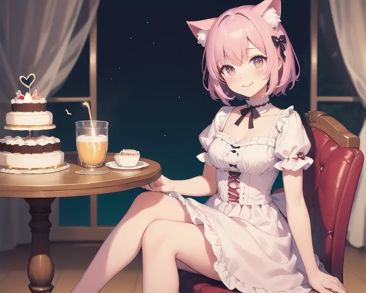 Top quality, high resolution, detailed, beautiful image quality, one girl, mature atmosphere, 24 years old, frilly pink dress, cute dress, cat ears, short hair, lolicon feel, smiling face, cute design based on pink, stylish table and chair, sitting on chai...