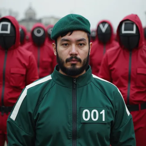 a young Arab man , black beard , face detail , eyes and lips, green hat , in green uniform the players of the squid game with the number "001" on it . behind him are many soldiers dressed in red uniforms of Squid Game soldiers .