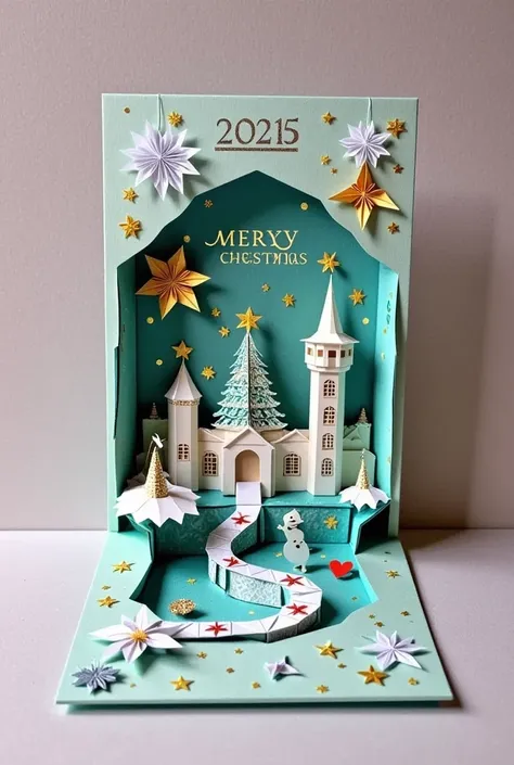 Cardboard art engraving,A realistic close-up photo of a handmade Christmas pop-up card,made entirely from carefully cut and folded paper or card stock. The card opens,revealing an elaborate 3D scene made from layered paper: a magnificent ice castle,surroun...